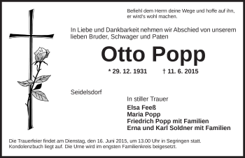 Traueranzeige von Otto Popp von Dinkelsbühl/ Feuchtwangen