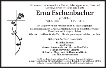 Traueranzeige von Erna Eschenbacher von Ansbach