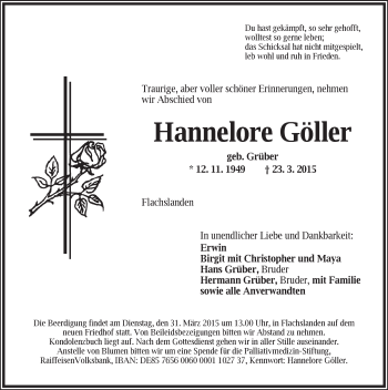 Traueranzeige von Hannelore Göller von Ansbach