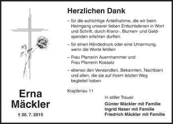 Traueranzeige von Erna Mäckler von Dinkelsbühl/ Feuchtwangen