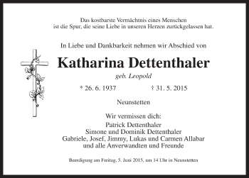 Traueranzeige von Katharina Dettenthaler von Ansbach