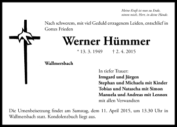 Traueranzeige von Werner Hümmer von Neustadt/ Scheinfeld/ Uffenheim