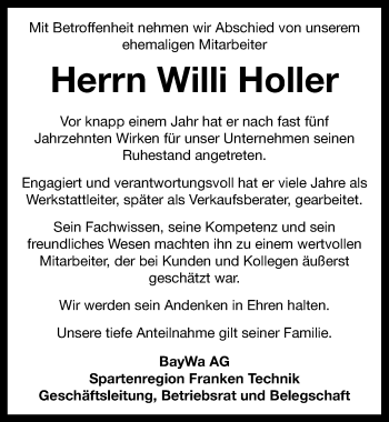 Traueranzeige von Willi Holler von Neustadt/ Scheinfeld/ Uffenheim