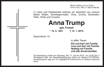 Traueranzeige von Anna Trump von Ansbach