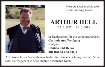 Traueranzeige von Arthur Hell von Neustadt/ Scheinfeld/ Uffenheim