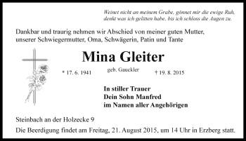 Traueranzeige von Mina Gleiter von Rothenburg