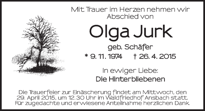  Traueranzeige für Olga Jurk vom 28.04.2015 aus Ansbach