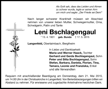 Traueranzeige von Leni Bschlagengaul von Neustadt/ Scheinfeld/ Uffenheim