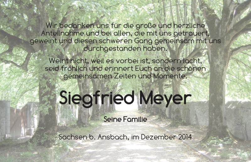  Traueranzeige für Siegfried Meyer vom 27.12.2014 aus Ansbach