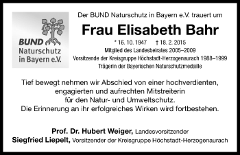 Traueranzeige von Elisabeth Bahr von Neustadt/ Scheinfeld/ Uffenheim