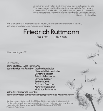 Traueranzeige von Friedrich Ruttmann von Dinkelsbühl/ Feuchtwangen