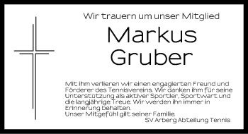 Traueranzeige von Markus Gruber von Ansbach