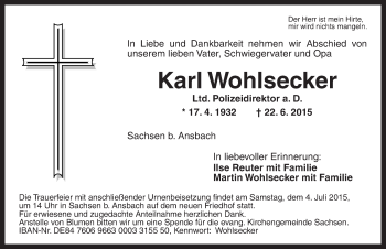 Traueranzeige von Karl Wohlsecker von Ansbach