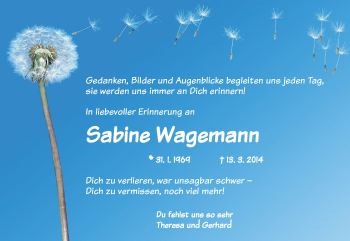 Traueranzeige von Sabine Wagemann von Dinkelsbühl/ Feuchtwangen