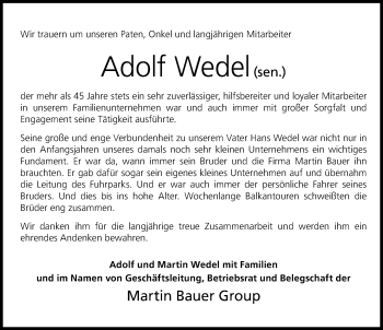 Traueranzeige von Adolf Wedel von Neustadt/ Scheinfeld/ Uffenheim