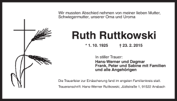 Traueranzeige von Ruth Ruttkowski von Ansbach