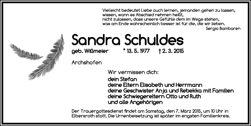  Traueranzeige für Sandra Schuldes vom 06.03.2015 aus Rothenburg