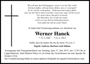 Traueranzeige von Werner Hanek von Neustadt/ Scheinfeld/ Uffenheim