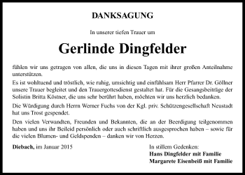 Traueranzeige von Gerlinde Dingfelder von Neustadt/ Scheinfeld/ Uffenheim