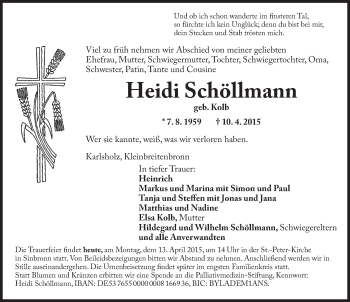 Traueranzeige von Heidi Schöllmann von Ansbach