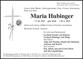 Traueranzeige von Maria Hubinger von Dinkelsbühl/ Feuchtwangen