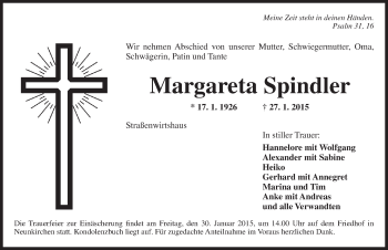 Traueranzeige von Margareta Spindler von Ansbach