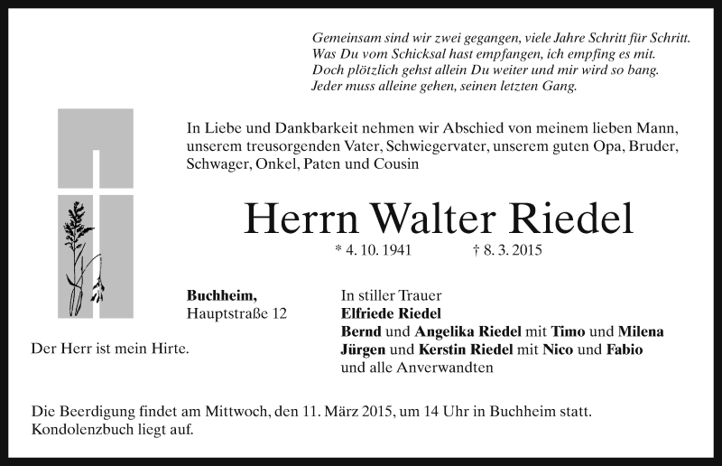  Traueranzeige für Walter Riedel vom 10.03.2015 aus Neustadt/ Scheinfeld/ Uffenheim