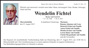 Traueranzeige von Wendelin Fichtel von Neustadt/ Scheinfeld/ Uffenheim