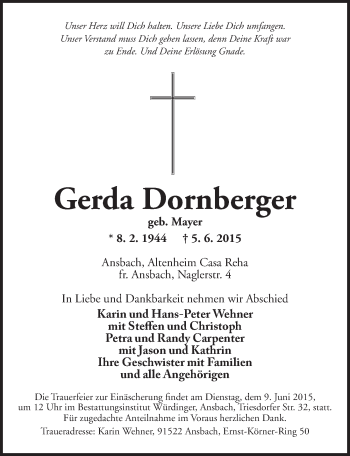 Traueranzeige von Gerda Dornberger von Ansbach