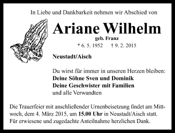 Traueranzeige von Ariane Wilhelm von Neustadt/ Scheinfeld/ Uffenheim