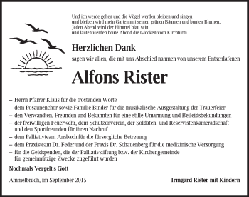 Traueranzeige von Alfons Rister von Dinkelsbühl/ Feuchtwangen