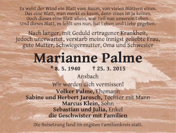 Traueranzeige von Marianne Palme von Ansbach