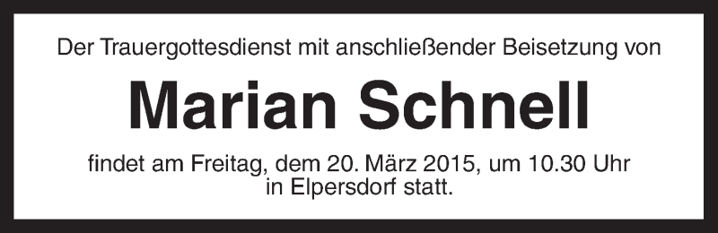  Traueranzeige für Marian Schnell vom 14.03.2015 aus Ansbach