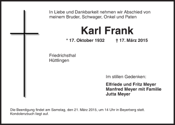 Traueranzeige von Karl Frank von Dinkelsbühl/ Feuchtwangen