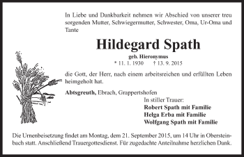 Traueranzeige von Hildegard Spath von Neustadt/ Scheinfeld/ Uffenheim