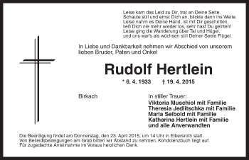 Traueranzeige von Rudolf Hertlein von Dinkelsbühl/ Feuchtwangen