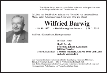 Traueranzeige von Wilfried Barwig von Ansbach