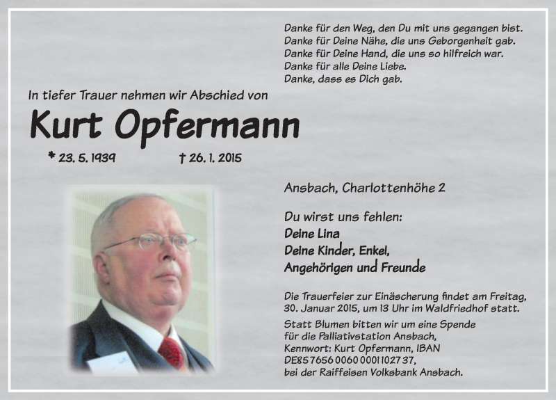  Traueranzeige für Kurt Opfermann vom 29.01.2015 aus Ansbach