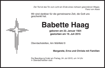 Traueranzeige von Babette Haag von Ansbach