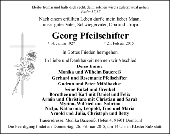 Traueranzeige von Georg Pfeilschifter von Dinkelsbühl/ Feuchtwangen