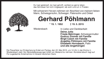 Traueranzeige von Gerhard Pöhlmann von Ansbach