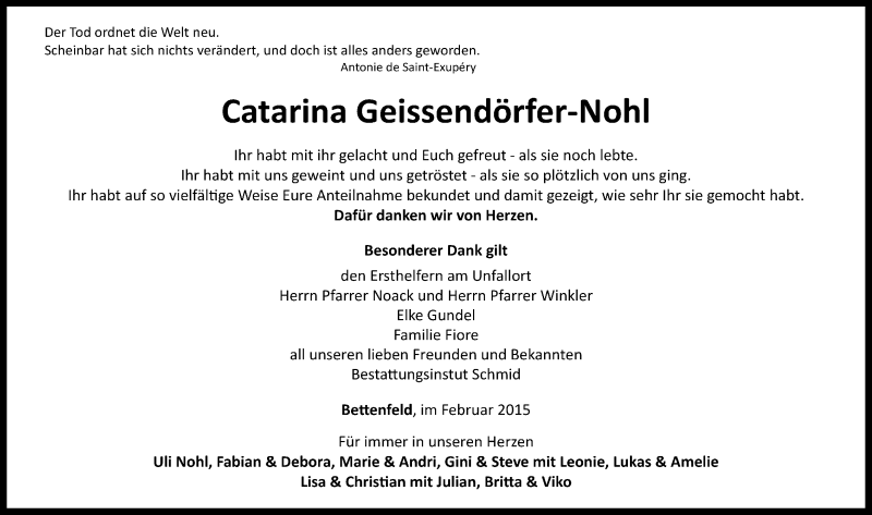  Traueranzeige für Catarina Geissendörfer-Nohl vom 19.02.2015 aus Rothenburg