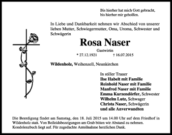 Traueranzeige von Rosa Naser von Rothenburg