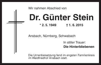 Traueranzeige von Günter Stein von Ansbach