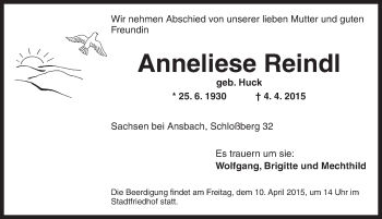 Traueranzeige von Anneliese Reindl von Ansbach