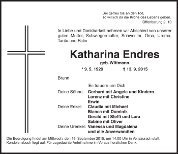 Traueranzeige von Katharina Endres von Ansbach