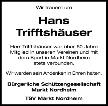 Traueranzeige von Hans Trifftshäuser von Neustadt/ Scheinfeld/ Uffenheim