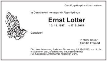 Traueranzeige von Ernst Lotter von Ansbach