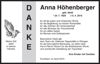 Traueranzeige von Anna Höhenberger von Dinkelsbühl/ Feuchtwangen