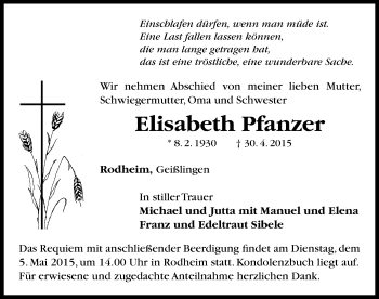 Traueranzeige von Elisabeth Pfanzer von Neustadt/ Scheinfeld/ Uffenheim